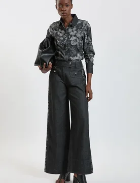 Womens Jacquard Denim Contrast Collar And Cuff Shirt - Black Cotton - Size 16 Uk - Karen millen - FashionsVida