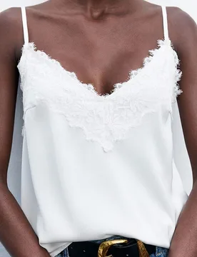 Top de tirantes finos ajustables con contraste para mujer, suelto, blanco, elegante, chic, casual, negocios, vacaciones, fiesta, salidas, otoño, Hall - Shein - FashionsVida