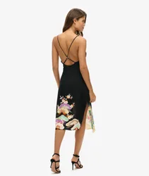 Superdry Damen Bedrucktes Midi-trägerkleid Schwarz - Größe: 38