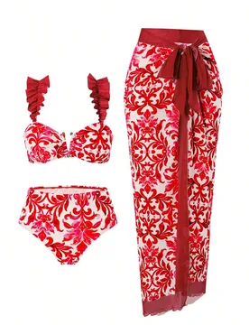 Set de 3 piezas de bikini y atuendo de playa para mujer con diseño floral y acabado en metal, decoración con estampado azul y blanco de vacaciones d - Shein - FashionsVida