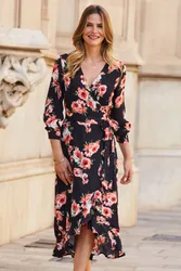 Womens Black Floral Print Ruffle Hem Midi Wrap Dress - Size 8 Uk