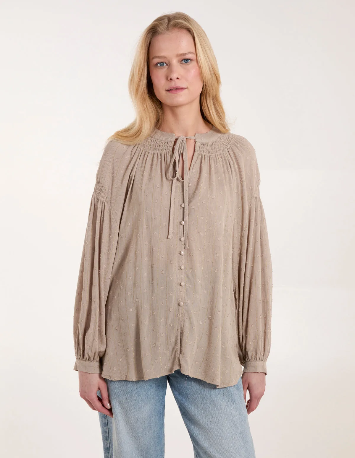Long Cuff Sleeve Button Down Tie Front Shirt - S/M / MOCHA - female - Blue Vanilla - FashionsVida