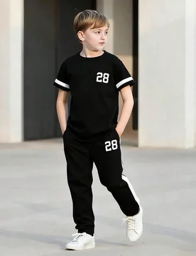 Conjunto de 2 piezas para niños/niños preadolescentes primavera verano manga corta pantalones largos estampado de rayas digitales camiseta de cuello - Shein - FashionsVida