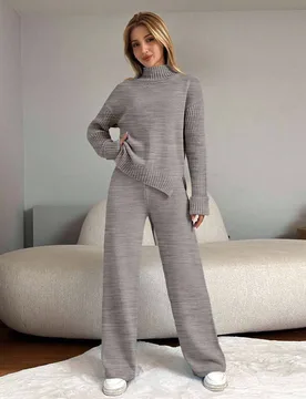 Set de 2 piezas de suéter y pantalones de punto de color liso y minimalista con cuello de tortuga y manga larga para mujer XL - Shein - FashionsVida