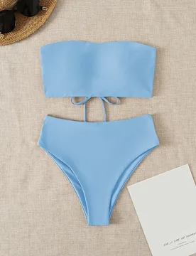 Bikini de 2 piezas para mujer primavera/verano 2026, tela especial, azul claro, con cuello halter, espalda descubierta, lazo, corte alto lateral, traj - Shein - FashionsVida