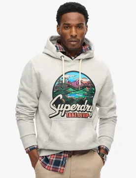 Superdry Herren Travel Postcard Hoodie mit Grafik Hellgrau - Größe: S - 89.99 - FashionsVida