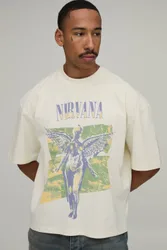 Herren Übergroßes Kastenförmiges Nirvana Lizenz-Print T-Shirt Ecru Größe Small