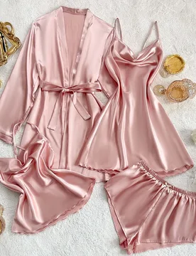 Conjunto de pijama de satén SilkySpell con top de tirantes de escote pronunciado, shorts y bata, rosa empolvado, ropa de otoño para dormir, nupcial - Shein - FashionsVida