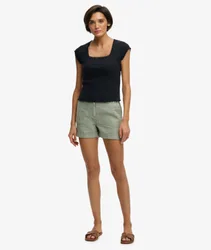 Superdry Damen Mittelhoch Geschnittene Leinenshorts Green - Größe: 26