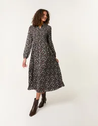 Ditsy Floral Long Sleeve Shirred Maxi Dress - S / BLACK - female