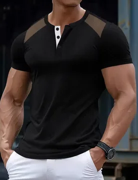 American New Fashion Men's Casual Trendy Henry Collar Button Short Sleeve Pullover T-shirts V-neck Color-coded T-shirts - Aliexpress - FashionsVida