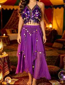 Top de sujetador halter con monedas para danza del vientre + Falda maxi de gasa, ideal para actuaciones, disfraces de Halloween y fiestas temáticas ( - Shein - FashionsVida