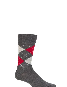 Mens 1 Pair Edinburgh Virgin Wool Argyle Socks Grey / Red 6.5-11 Mens - Grey - Size: 6.5-11 Mens - Burlington - FashionsVida