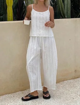 Conjunto de pijama de 2 piezas para mujer con top camisola sin mangas de tela texturizada y pantalones de pijama holgados tipo farol M - Shein - FashionsVida