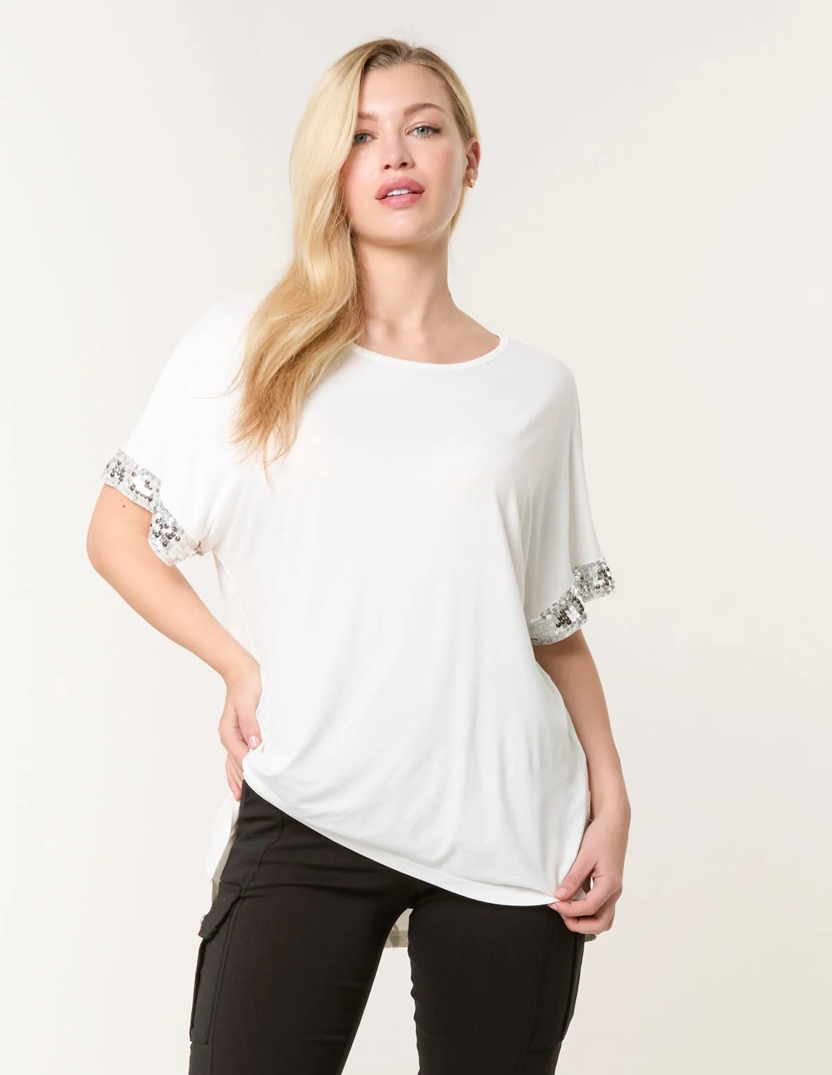 Sequin Trim Oversized Top - S/M / IVORY - female - Blue Vanilla - FashionsVida