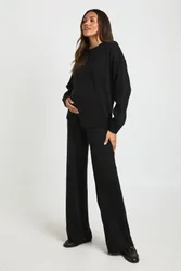 Womens Maternity Soft Knit Jumper And Wide Leg Trouser Knitted Co-Ord - Black - Size 12 Uk
