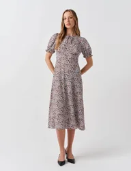 Floral Tie Neck Button Front Midi Tea Dress Red Mix female