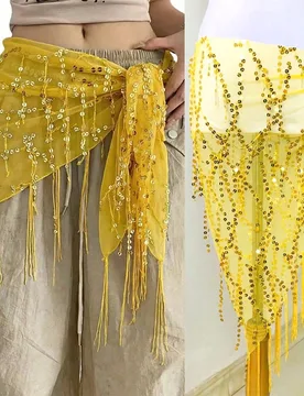 Pieza Conjunto de danza del vientre triangular para mujer con bufanda de cadera, falda con lentejuelas y borlas, envoltura de cintura estilo sari para - Shein - FashionsVida