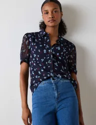 Crepe Floral Button Through Shirt Navy Mix female