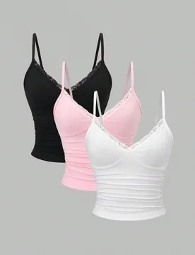 Conjunto de Camisola Y2K Sexy con Ribete de Encaje y Fruncido, Múltiples Piezas para Uso Diario y Citas, Negro, Rosa Claro, Blanco, Verano XL - Shein - FashionsVida