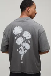 Herren Anthrazitfarbenes Übergroßes Kastenförmiges T-Shirt Mit Sichtbaren Nähten, Blumendruck Und Sprühwaschung Grey Größe XL