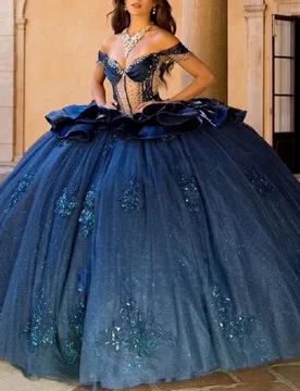 Navy Blue Shiny Ball Gown Quinceanera Dresses Off The Shoulder Appliques Lace Beading Crystal Tull Sweet 16 Dress Vestidos 15 De - Aliexpress - FashionsVida