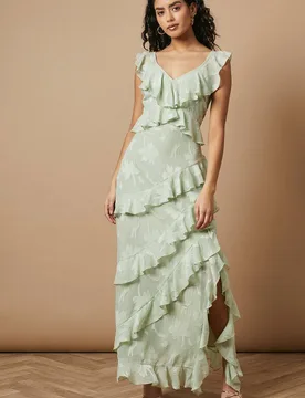 Women's Petite Ruffle Jacquard Print Maxi Dress in Sage Size: 14 - Sage - Size: 14 - OASIS - FashionsVida
