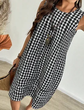 Vestido de largo medio sin mangas con cuello redondo, volantes en el bajo y estampado a cuadros para mujer M - Shein - FashionsVida