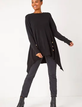 Women's Buttoned Side Hanky Hem Jumper in Black Size: 16 - Black - Size: 16 - Roman - FashionsVida
