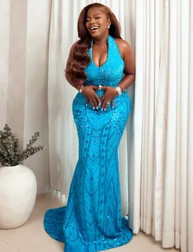 Custom Halter V Neck Blue Heavy Beaded Evening Dress 2026 Plus Size Mermaid Train Formal Party Prom Gown For Black Women - Aliexpress - FashionsVida