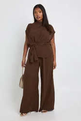 Womens Plus Woven Drape Blouse & Trouser Co-Ord - Chocolate - Size 22 Uk