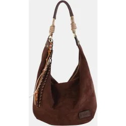 Bolso hobo grande en serraje con asa de cuerda y adornos artesanales