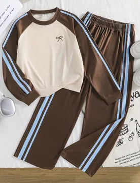Piezas sudaderas casuales para niñas preadolescentes, regreso a la escuela, uso diario, otoño e invierno, gris, cuello redondo, manga larga, con laz - Shein - FashionsVida