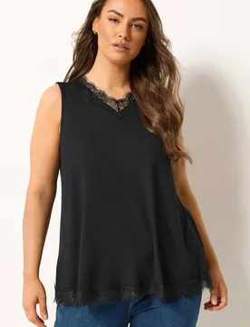 Women's Lace Trim Vest Top in Black Size: 20 - Black - Size: 20 - Yours - FashionsVida