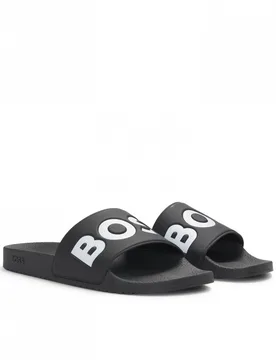 Aryeh Mens Italian-Made Slides With Large Logo Detail - Black Cotton - Size Uk 9 - Boss Orange - FashionsVida