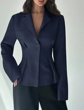 Blazer elegante de oficina para mujer en azul marino, de lino, con cintura ceñida, manga larga y cuello de solapa, estilo Old Money, ropa de trabajo - Shein - FashionsVida