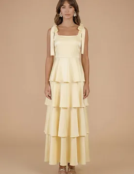 Women's Satin Tie Shoulder Tiered Bridesmaid Maxi Dress in Butter Size: 10 - Butter - Size: 10 - OASIS - FashionsVida
