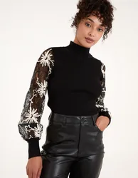 Lace Sleeve High Neck Jumper - L / BLACK - female
