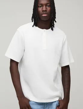 Herren Normal Geschnittenes Waffel-Henley Oberteil White Größe 3XL - boohooMAN - FashionsVida