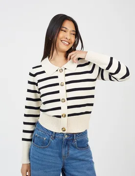 Stripe Womens Collared Cardigan - - Size: L - Brave soul - FashionsVida
