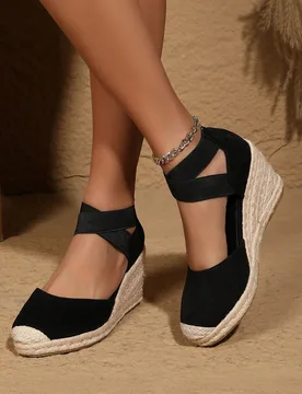Zapatos de mujer con cuña de paja de peso ligero y elegante, con banda elástica cruzada y correa posterior en el talón - Shein - FashionsVida
