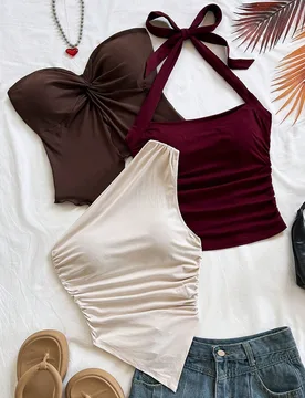 Top sin mangas para mujer color beige, estilo bohemio sexy y chic para verano y vacaciones, con lazo, tirantes anudables, bajo asimétrico y espalda d - Shein - FashionsVida