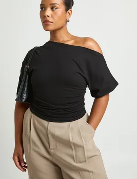 Womens Plus Off The Shoulder Ruched T-Shirt - Black Cotton - Size 20 Uk - Boohoo - FashionsVida