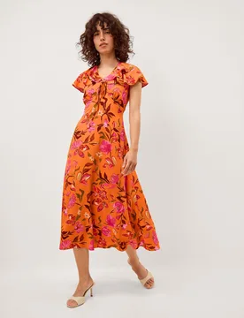 Floral V-Neck Midi Skater Dress Orange Mix female - Monsoon - FashionsVida