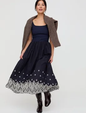 Cora Sleeveless Jersey Bodice Embroidered Midi Dress In Navy - 8 - Lily and Lionel London Limited - FashionsVida