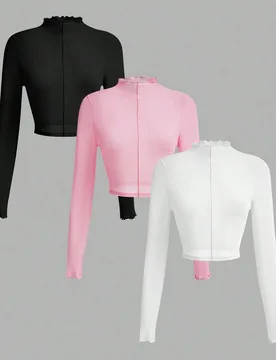 Piezas Blusa casual de manga larga con cuello de volantes de unicolor para mujer, estilo primavera/verano, top transparente de malla, estilo occidenta - Shein - FashionsVida