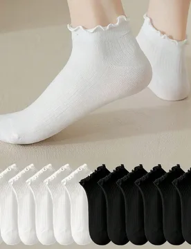 Pares de calcetines cortos para mujer con rayas verticales y ribete de volantes en blanco y negro, transpirables y frescos, estilo Ins, estilo preppy, - Shein - FashionsVida