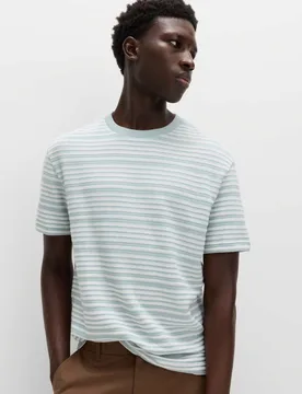 Relaxed Fit Cotton Rich Textured Striped T-Shirt Soft Blue male - M&S - FashionsVida