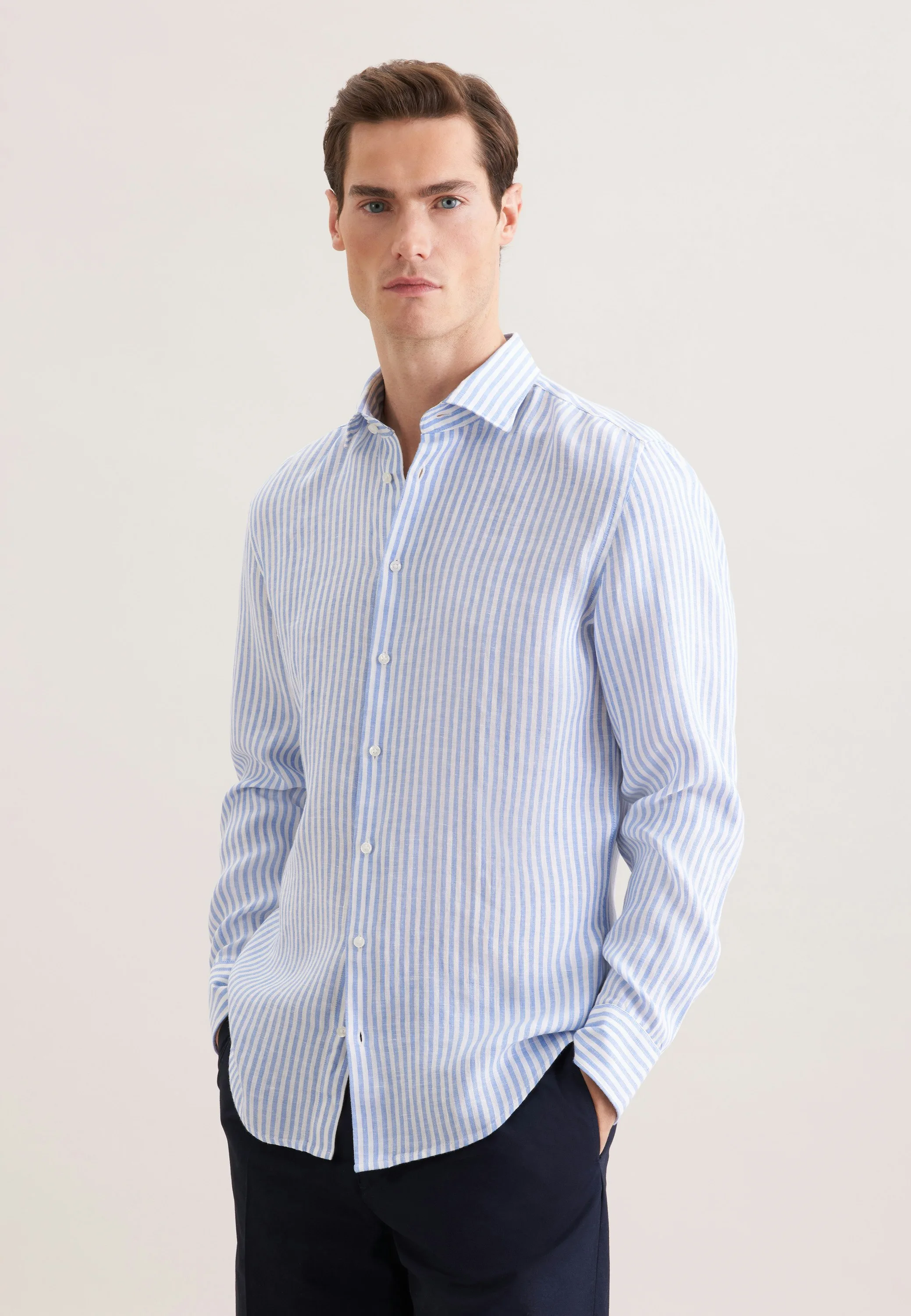 Shaped Leinenhemd Gestreift Blau 40 - Seidensticker - FashionsVida