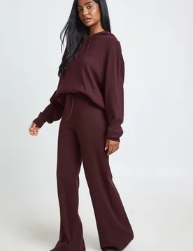 Womens Hooded Top And Wide Leg Trouser Knitted Co-Ord - Brown Viscose - Size Small - Boohoo - FashionsVida